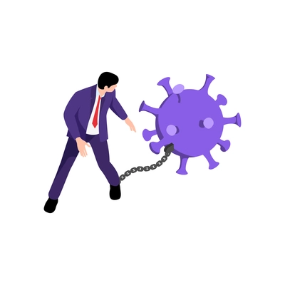 Covid pandemic financial crisis isometric icon with businessman chained to coronavirus bacteria 3d vector illustration