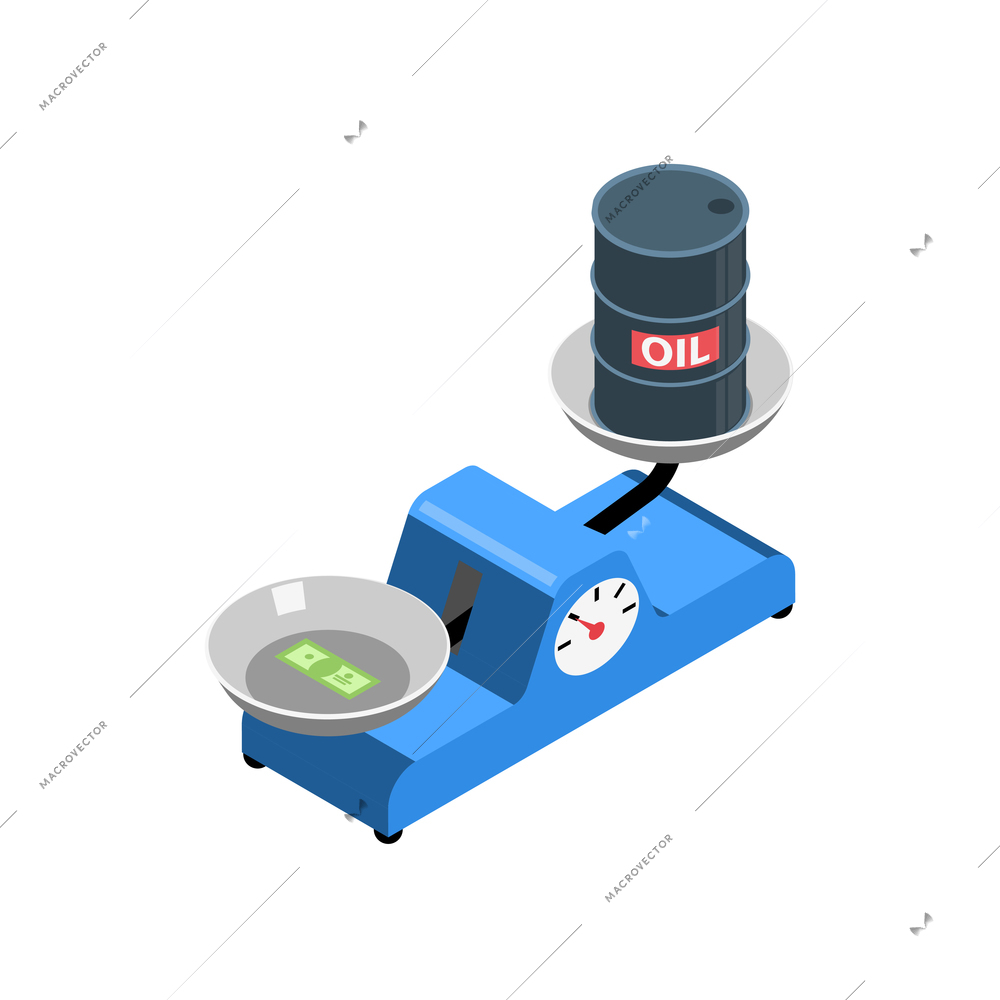 Isometric economic crisis icon with banknote and barrel of oil on scales 3d vector illustration