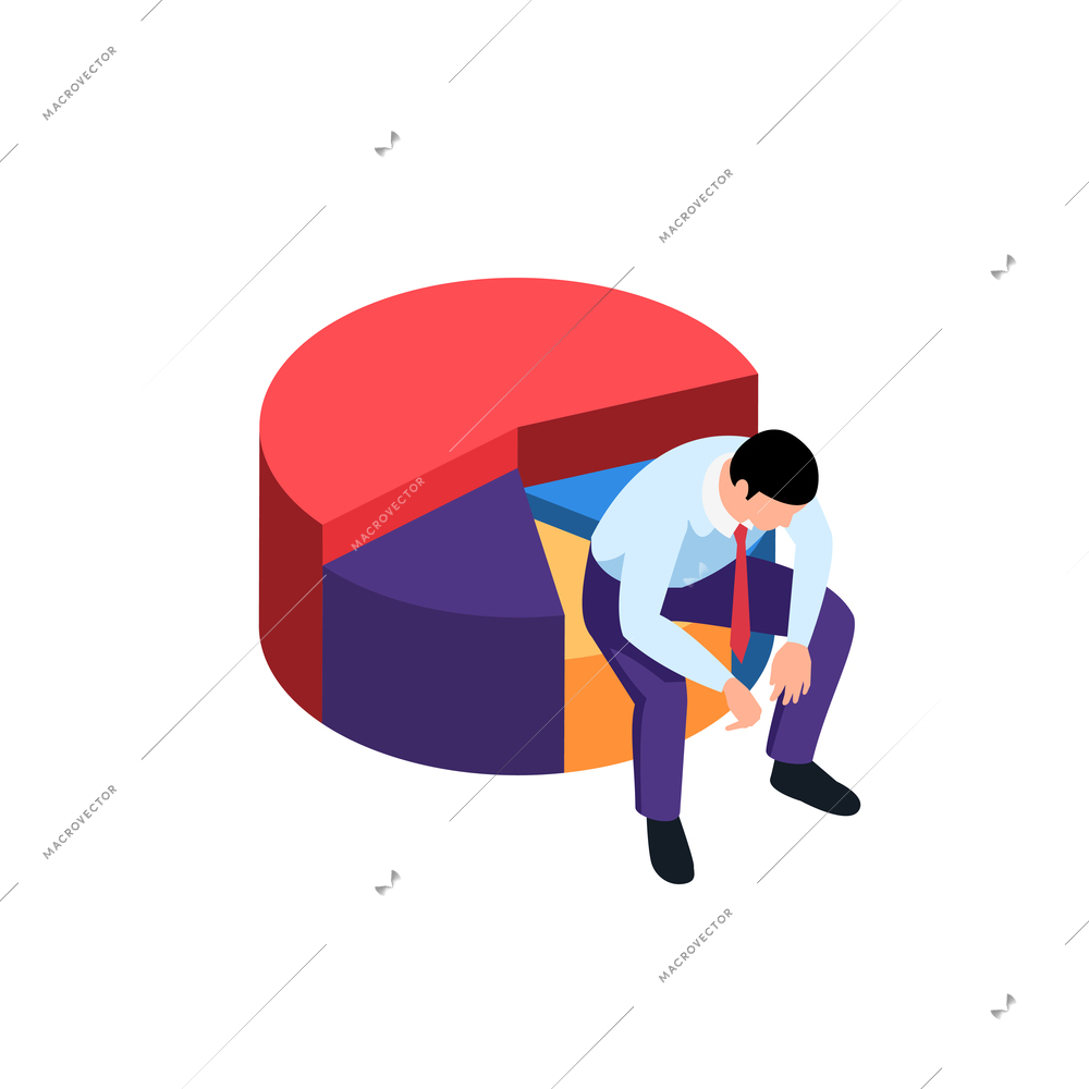 Depressed man sitting on colorful graph financial crisis concept isometric vector illustration