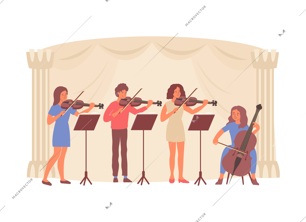 Flat composition with view of stage with violin players quartet vector illustration