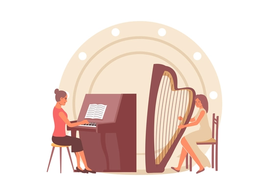 Flat composition with women playing piano and harp on stage vector illustration