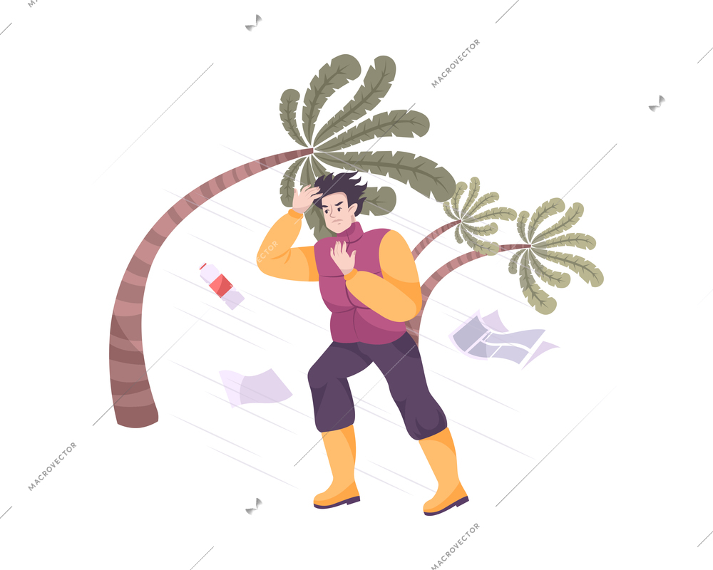 Weather composition with flat human character of guy walking against the wind with palms vector illustration