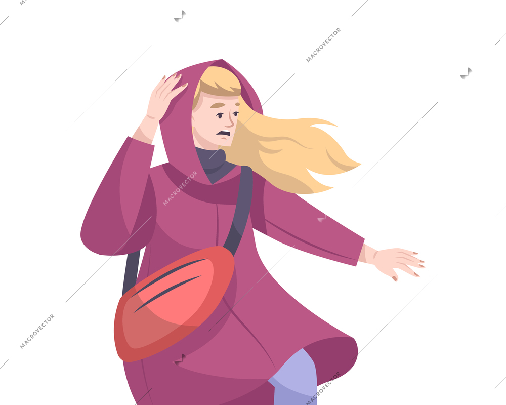 Weather composition with flat female character in cold jacket with hair fluttering in the wind vector illustration