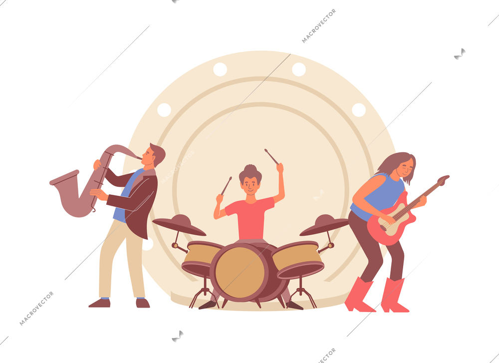 Flat composition with view of stage with band members playing saxophone guitar and drums vector illustration