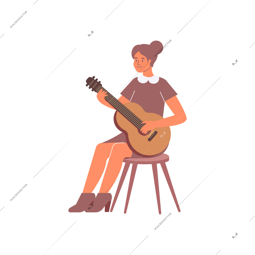 Flat composition with isolated human character of woman playing acoustic guitar on blank background vector illustration