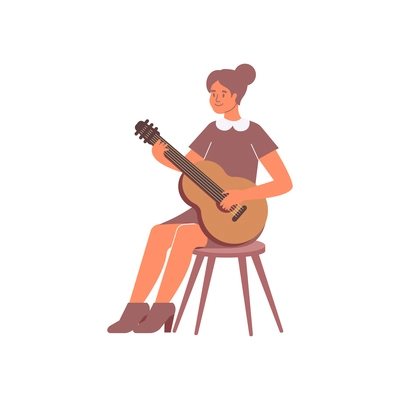 Flat composition with isolated human character of woman playing acoustic guitar on blank background vector illustration