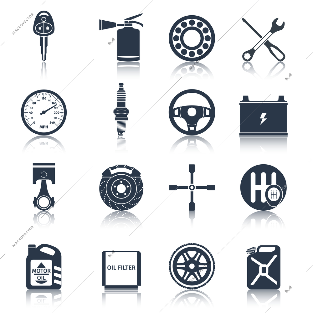 Car system parts technology automotive service black icons set isolated vector illustration