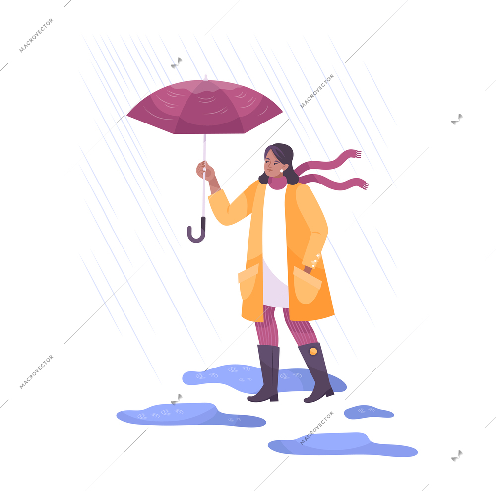 Weather composition with flat human character of girl with umbrella under rain showers vector illustration