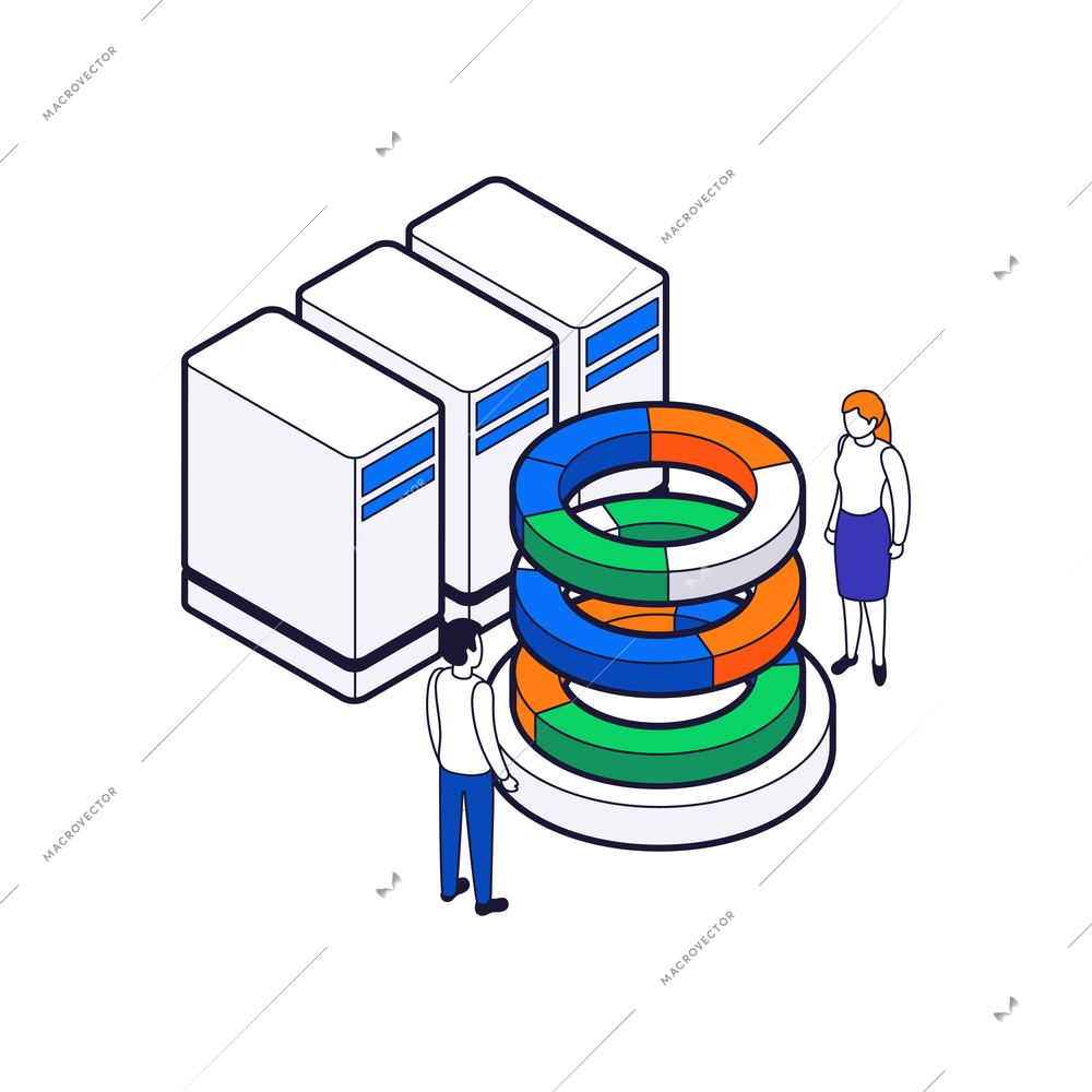 Data center isometric colorful icon with server and human characters vector illustration