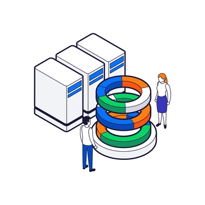 Data center isometric colorful icon with server and human characters vector illustration