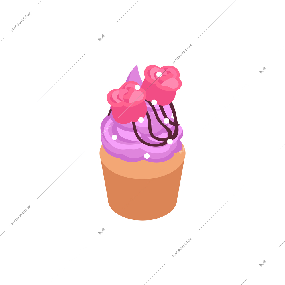 Delicious cupcake with purple topping and cream roses isometric icon vector illustration