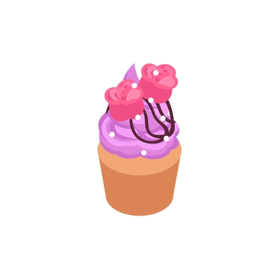 Delicious cupcake with purple topping and cream roses isometric icon vector illustration