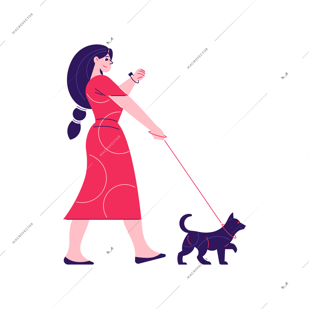 Man woman daily routine composition with character of woman walking her dog vector illustration