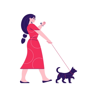 Man woman daily routine composition with character of woman walking her dog vector illustration