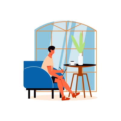 Cozy cafe interior composition with character of man at cafe table holding chopsticks vector illustration