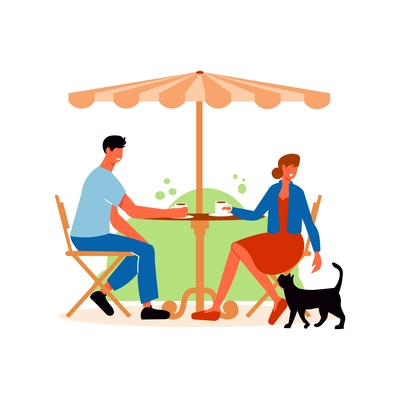 Cozy cafe interior composition with view of outdoor table with man woman and cat vector illustration