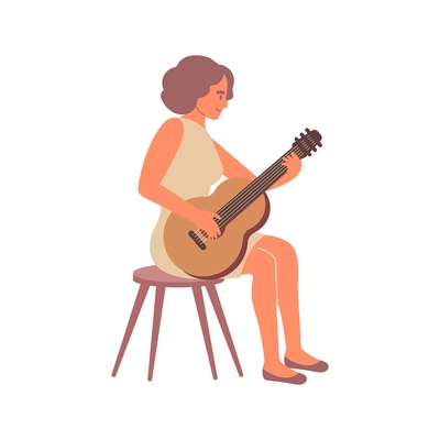 Flat composition with isolated human character of woman playing acoustic guitar on blank background vector illustration