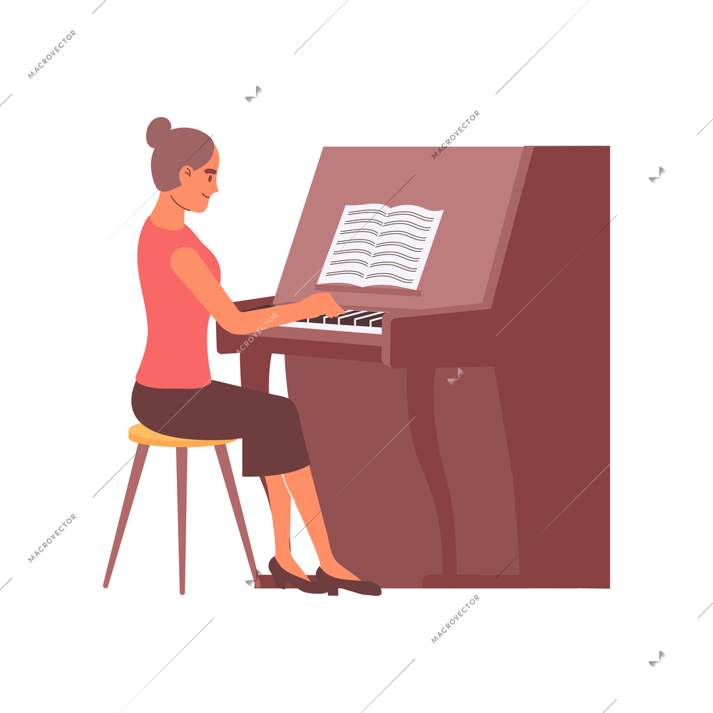 Set of flat colorful icons with single human characters learning musical instruments on blank background vector illustration