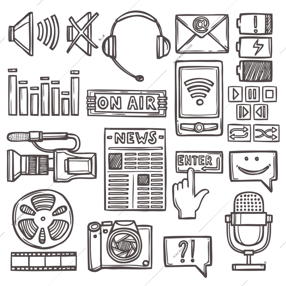 Media network communication technology sketch icons set isolated vector illustration