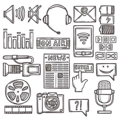 Media network communication technology sketch icons set isolated vector illustration