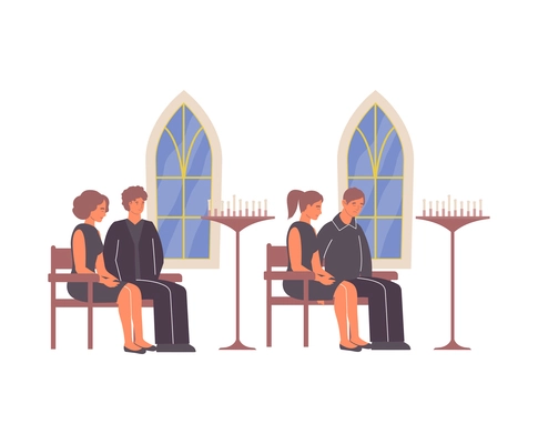 Funeral services composition of flat icons and human characters sitting in church vector illustration