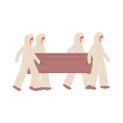 Funeral services composition of flat icons and human characters in chemical suits carrying eternity box vector illustration