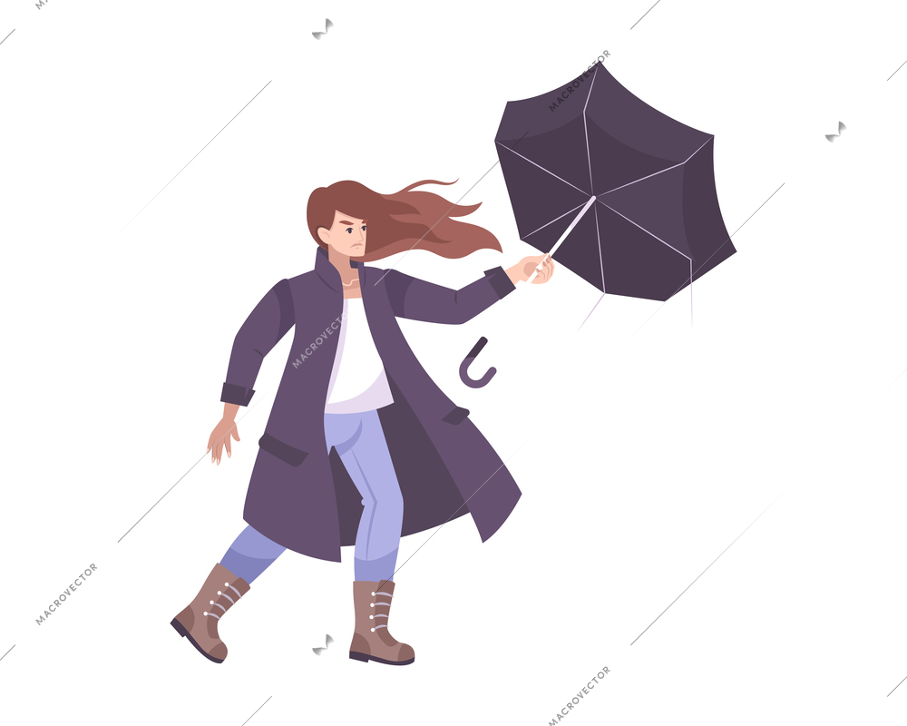 Weather composition with flat human character of woman holding umbrella against the wind vector illustration