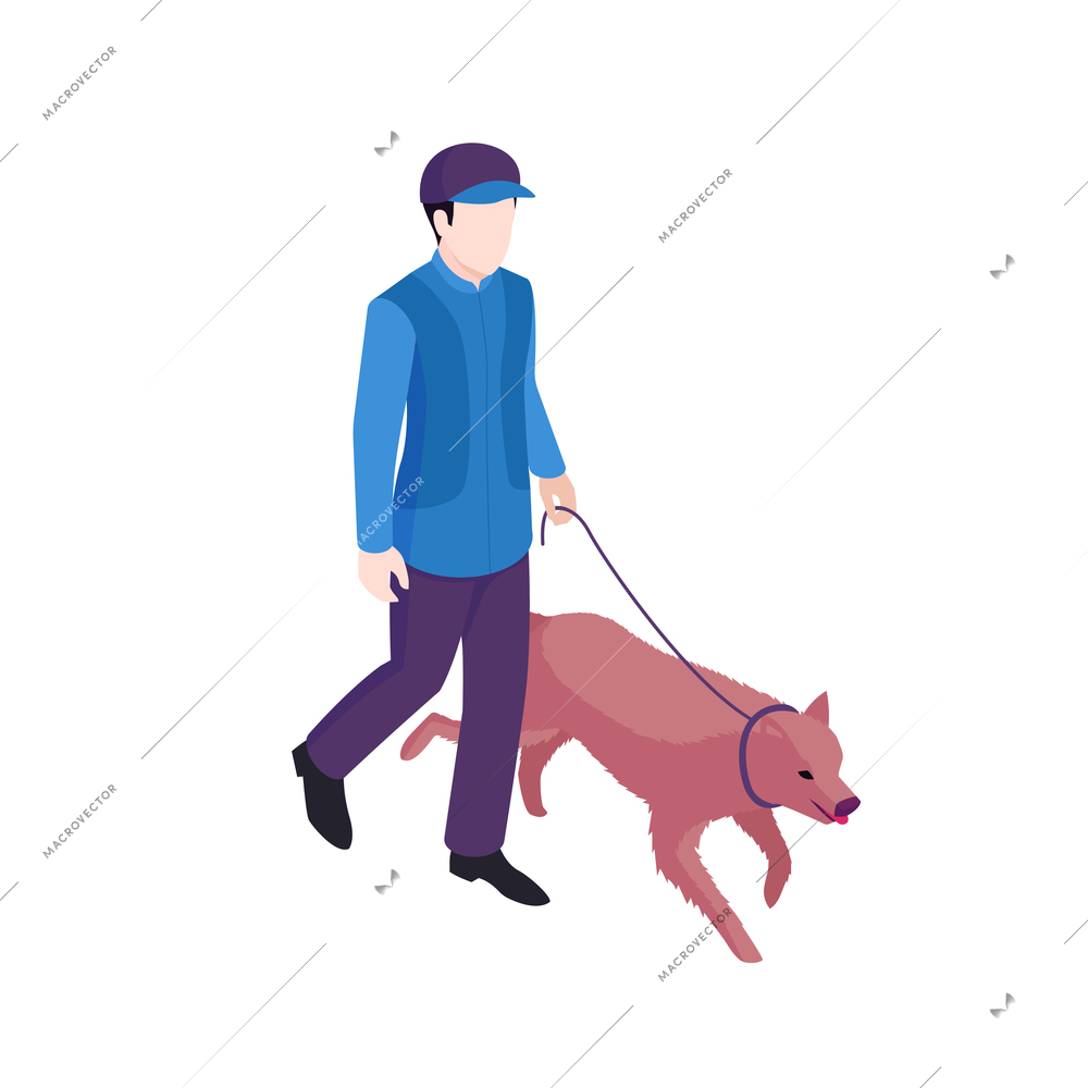 Isometric dog training cynologist composition with isolated characters of man walking with dog vector illustration