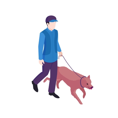 Isometric dog training cynologist composition with isolated characters of man walking with dog vector illustration