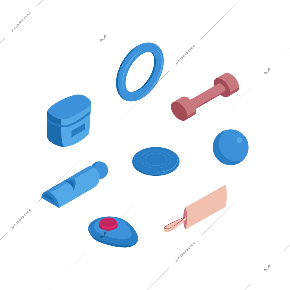 Isometric dog training cynologist composition with isolated icons of toys and tools for dog training vector illustration