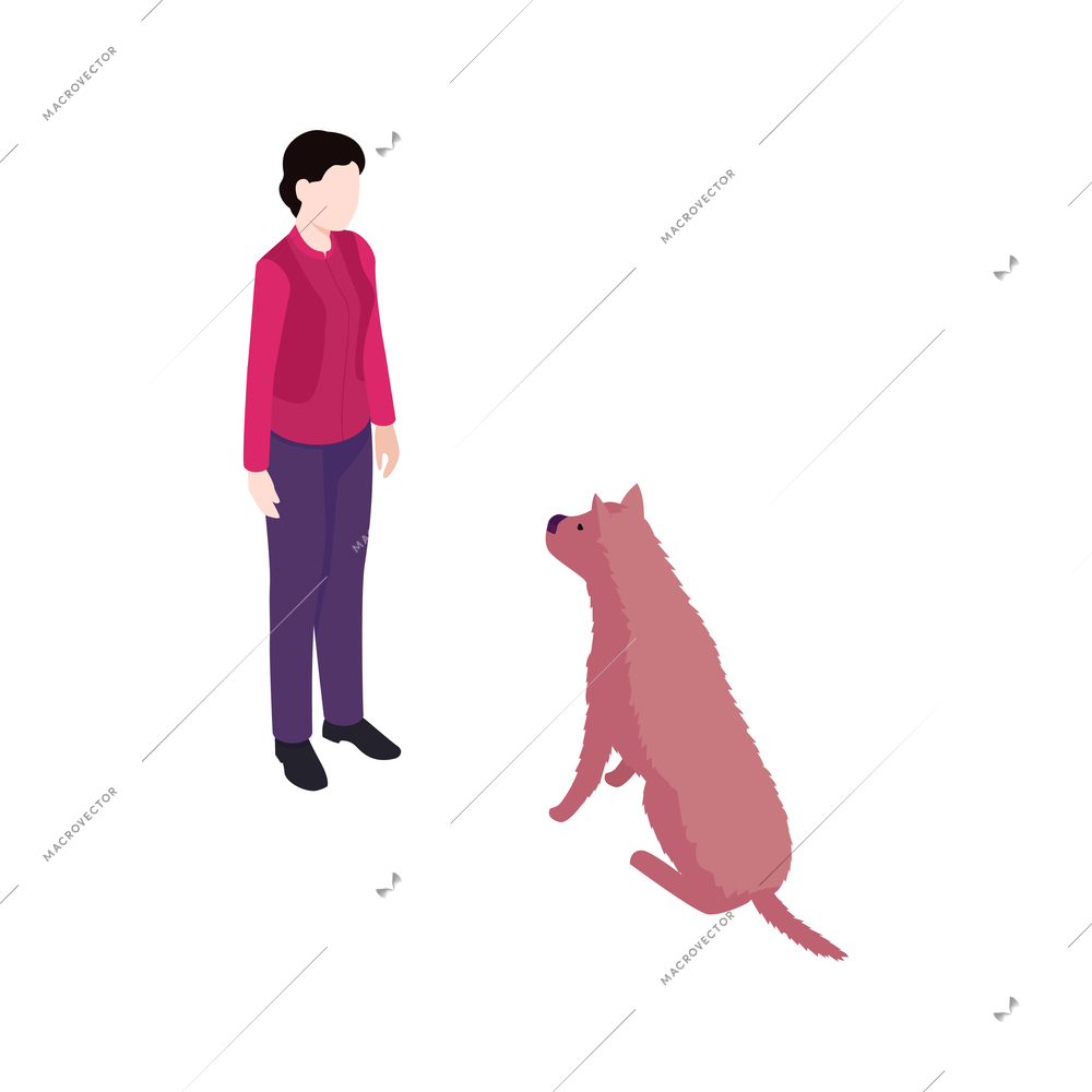 Isometric dog training cynologist composition with isolated characters of woman and sitting dog vector illustration
