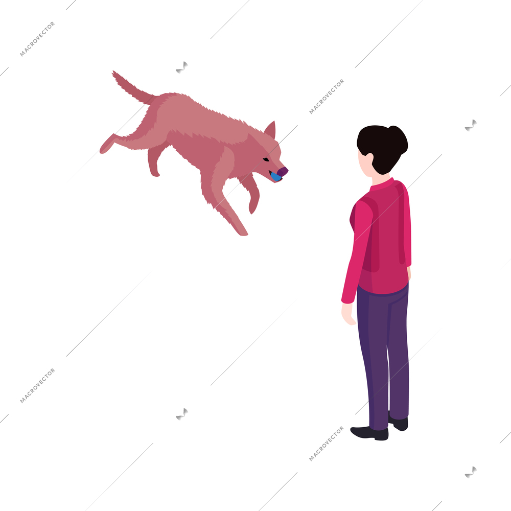 Isometric dog training cynologist composition with isolated characters of woman with jumping dog vector illustration