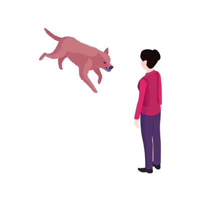 Isometric dog training cynologist composition with isolated characters of woman with jumping dog vector illustration