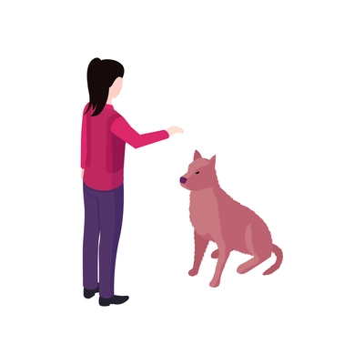 Isometric dog training cynologist composition with isolated characters of woman moving hand and dog vector illustration