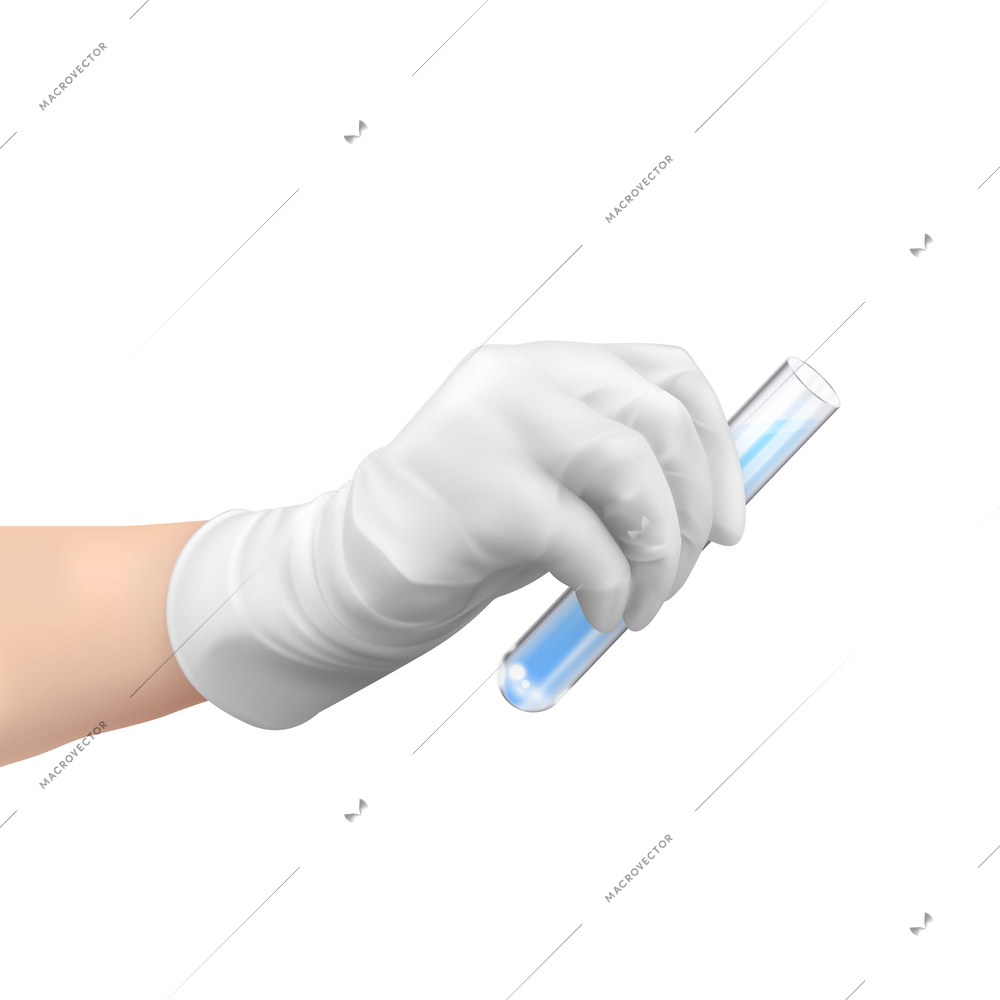 Realistic composition with hand in protective glove holding test tube with vaccine vector illustration