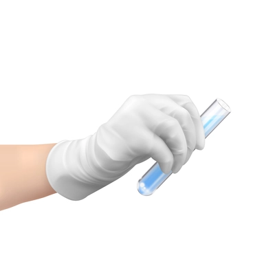 Realistic composition with hand in protective glove holding test tube with vaccine vector illustration