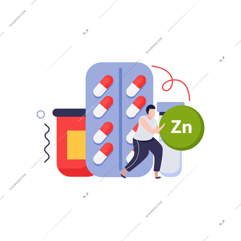 Vitamins in products composition with human character and images of medical pills containing zinc vector illustration