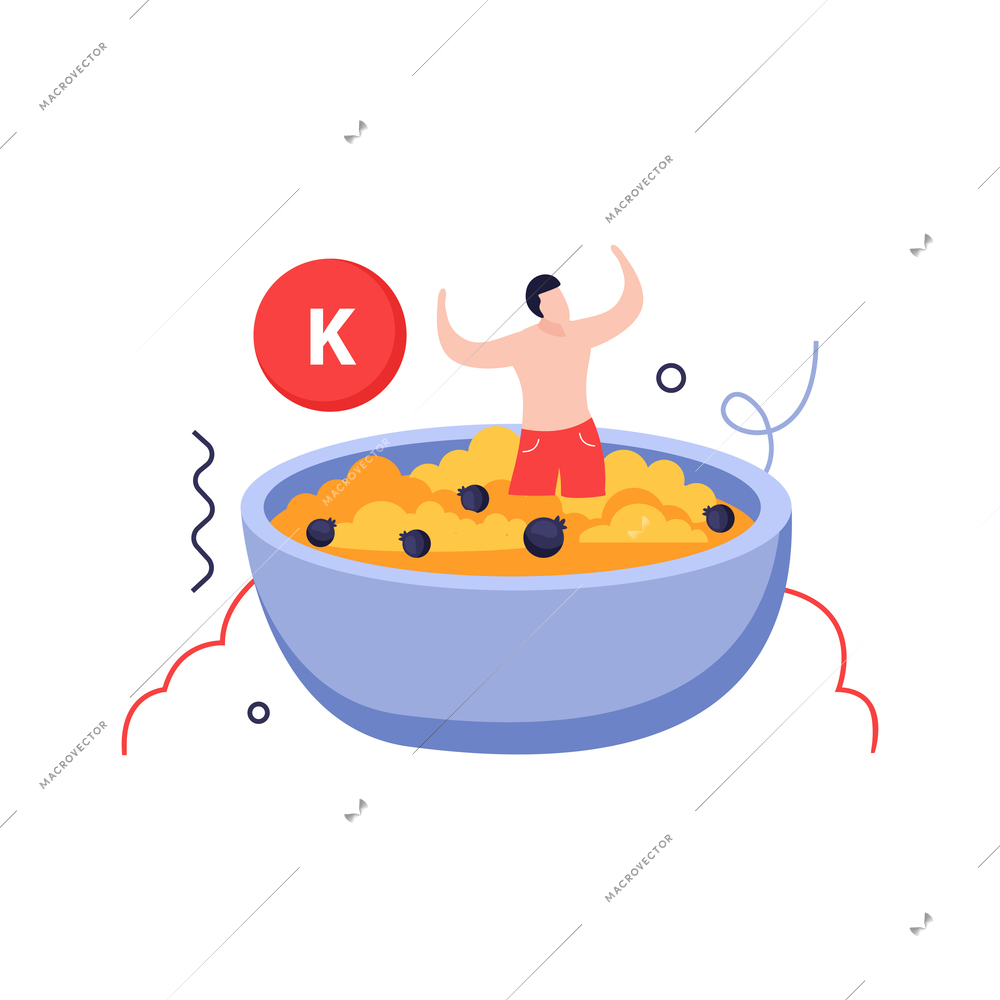 Vitamins in products composition with human character swimming inside porridge dish vector illustration