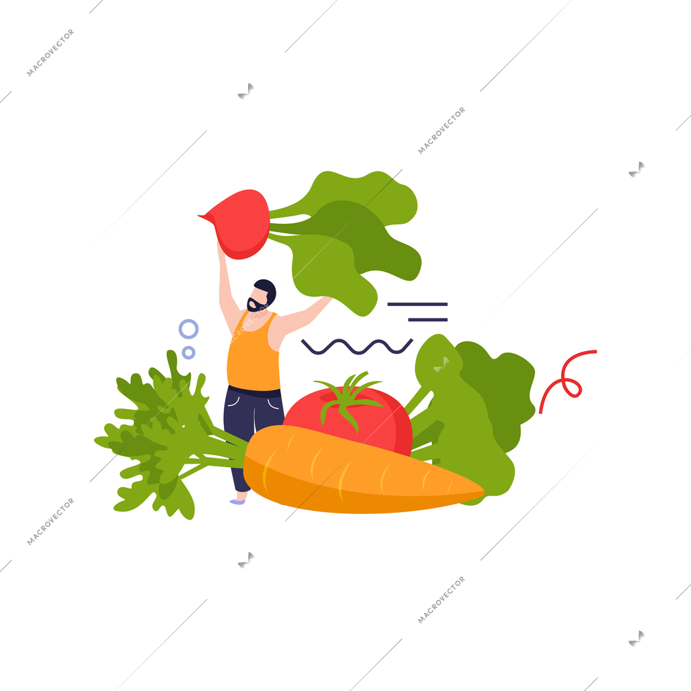 Vitamins in products composition with male character holding garden radish with carrot vector illustration