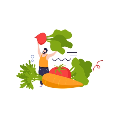 Vitamins in products composition with male character holding garden radish with carrot vector illustration