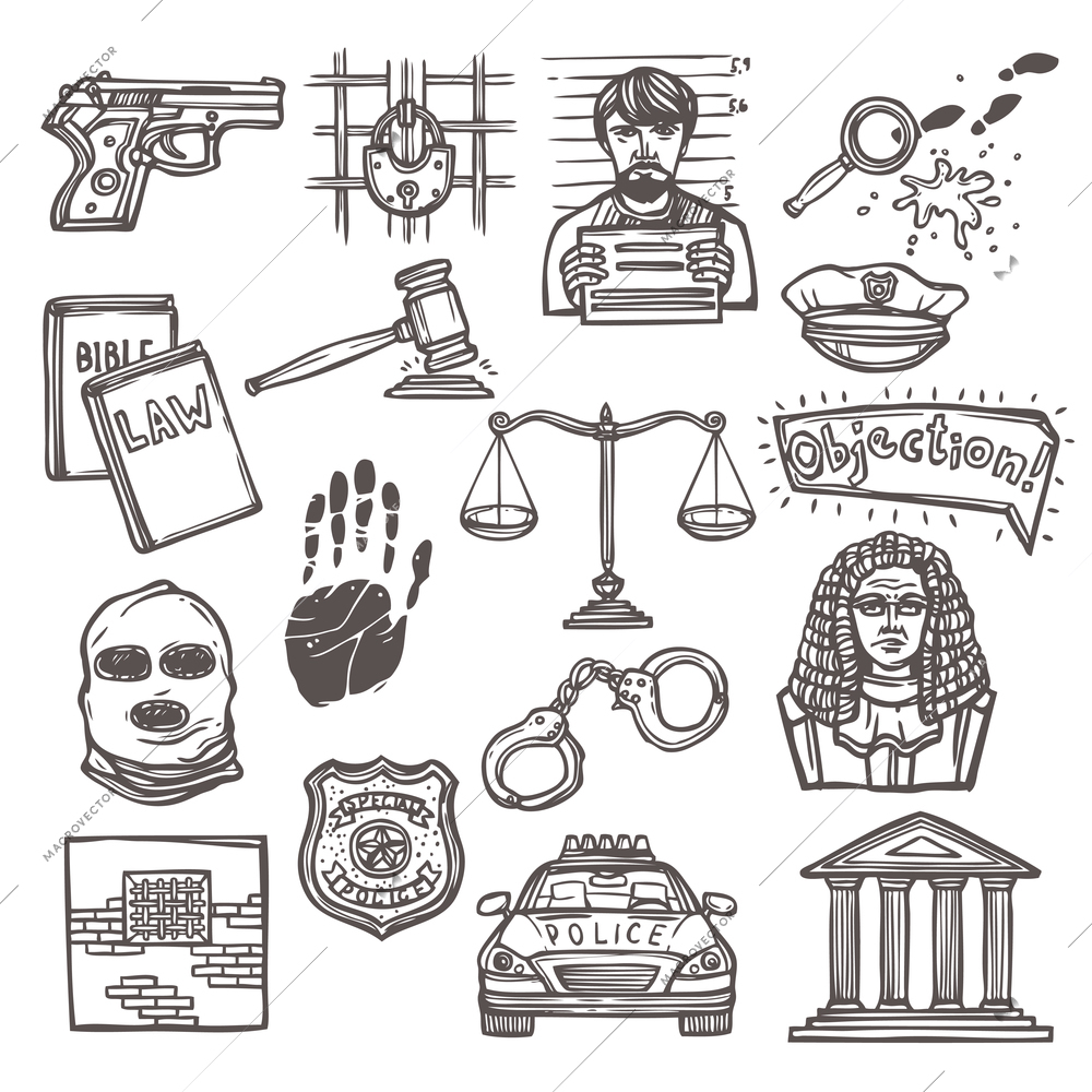 Law justice and legislation icon sketch set isolated vector illustration
