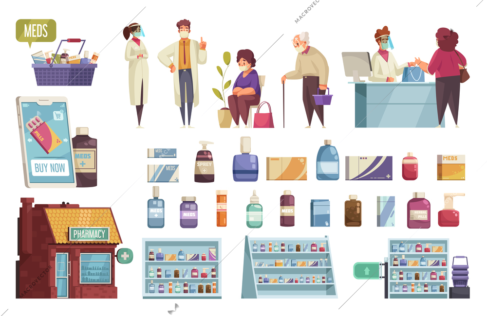 Pharmacy icons set with medicine symbols flat isolated vector illustration