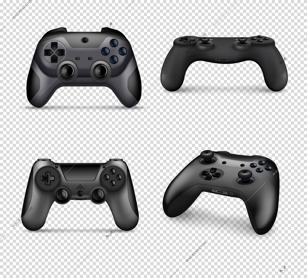 Realistic monochrome set of different models of controllers on transparent background isolated vector illustration