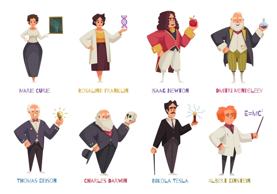 Famous scientists horizontal set of isolated doodle style characters in vintage clothes with names text captions vector illustration