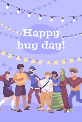 Hug day card flat composition  group of friends hugs with decoration garlands and ribbons vector illustration