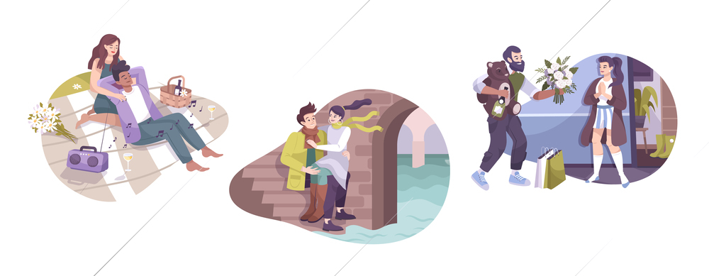 Flat romantic couple composition set with lovers on a blanket sitting on the steps and man giving a gift vector illustration