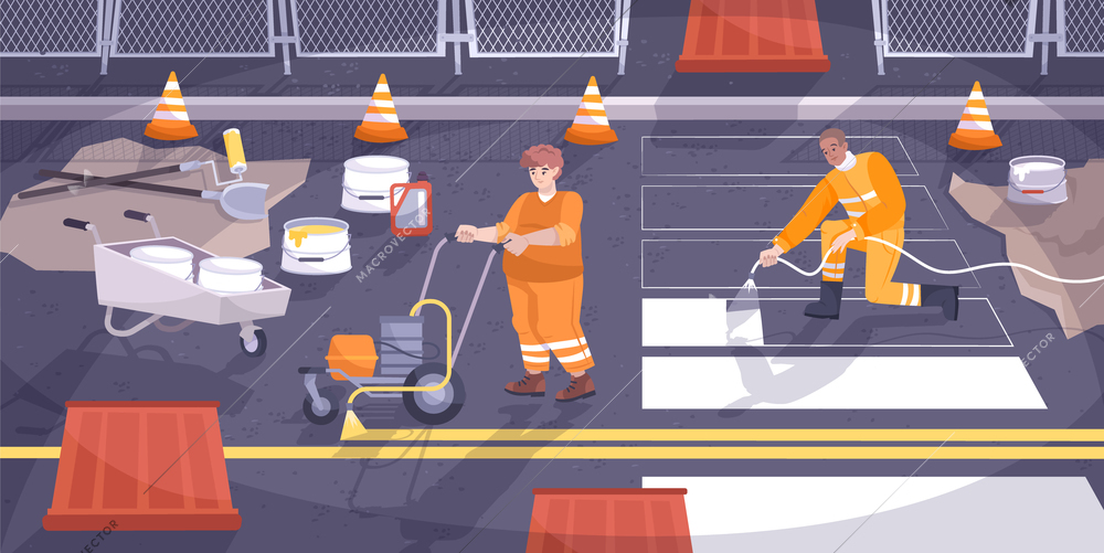 Road marking flat composition workers put paint on asphalt markings for motorists and pedestrians vector illustration