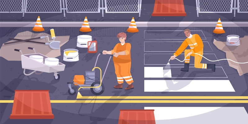 Road marking flat composition workers put paint on asphalt markings for motorists and pedestrians vector illustration