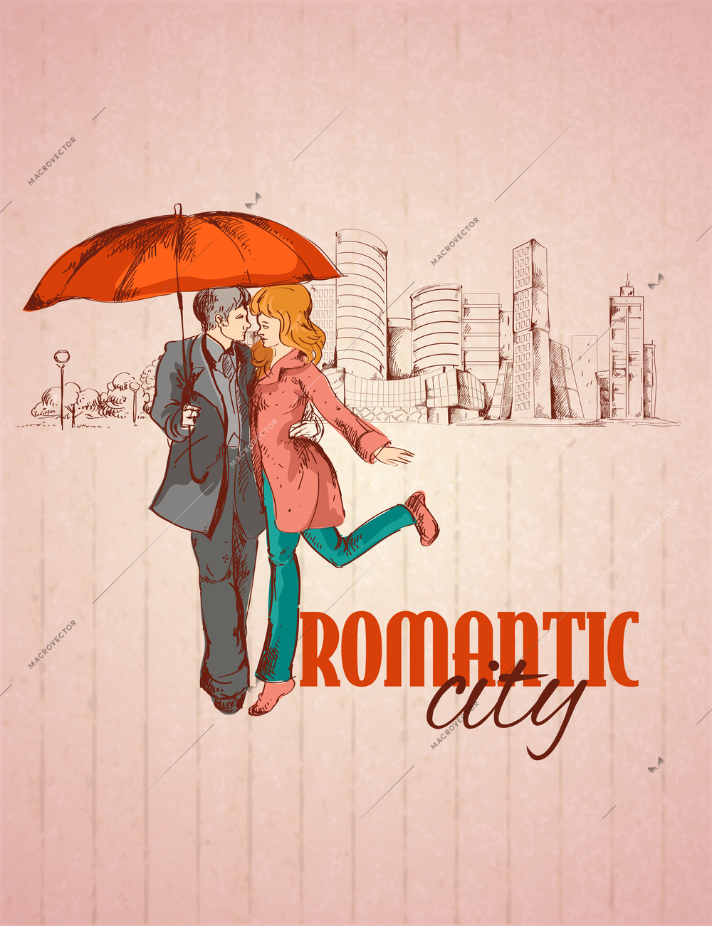 Romantic city poster with happy couple sketch vector illustration