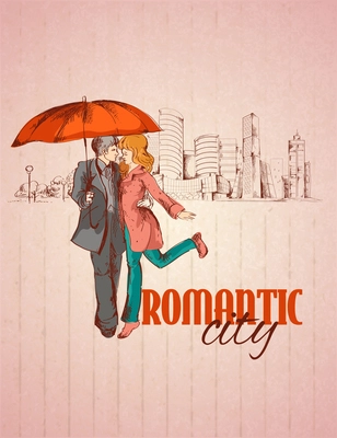 Romantic city poster with happy couple sketch vector illustration